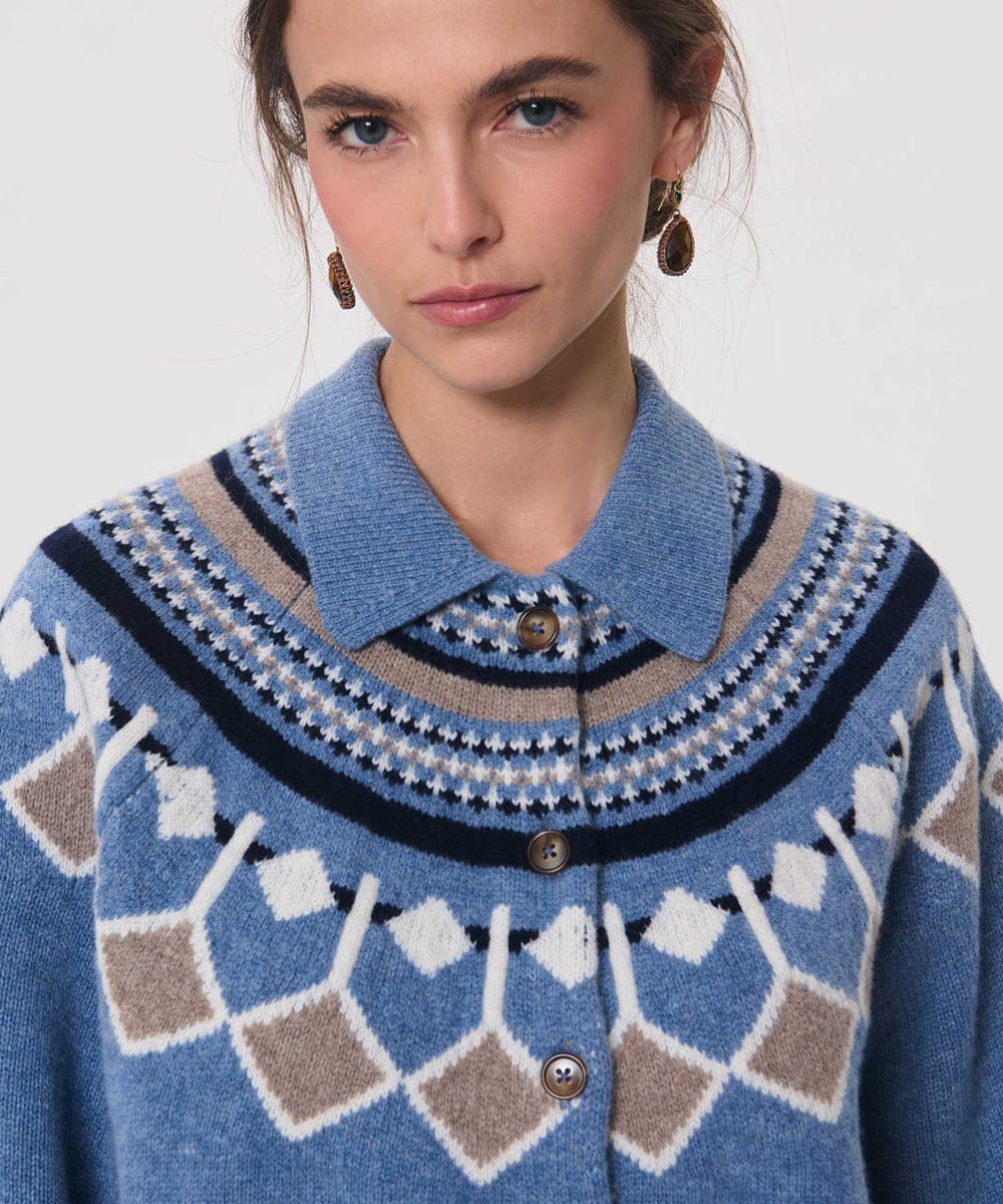 VZFAG22620 TARA JARMON(タラ ジャーモン) ウィンタージャカードニットカーディガン ブルー