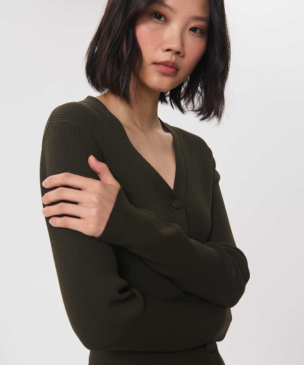 VZFAG23370 TARA JARMON(タラ ジャーモン) リブビスコースペプラムカーディガン カーキ