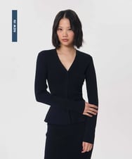 VZFAG23370 TARA JARMON(タラ ジャーモン) リブビスコースペプラムカーディガン ネイビーブルー