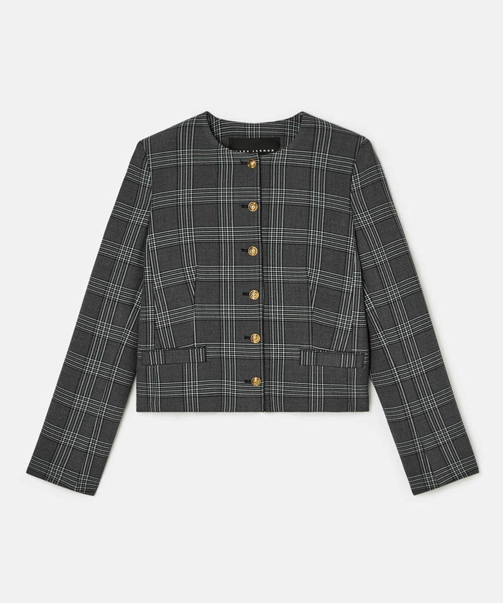 VZJAD10610 TARA JARMON(タラ ジャーモン) プリンスオブウェールズチェックジャケット グレー