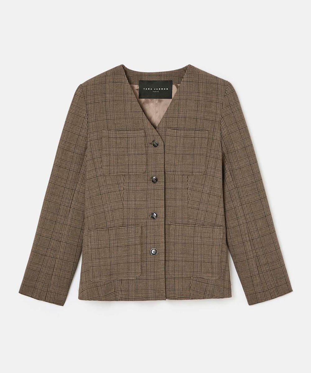 VZJAD13650 TARA JARMON(タラ ジャーモン) 【メディア着用】トーププリンスオブウェールズチェックジャケット ブラウン