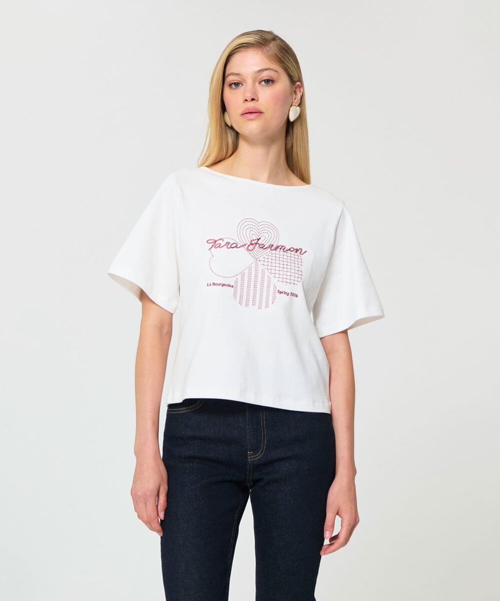 VZKGD01260 TARA JARMON(タラ ジャーモン) クローバーエンブロイダリーソフトジャージーTシャツ ホワイト