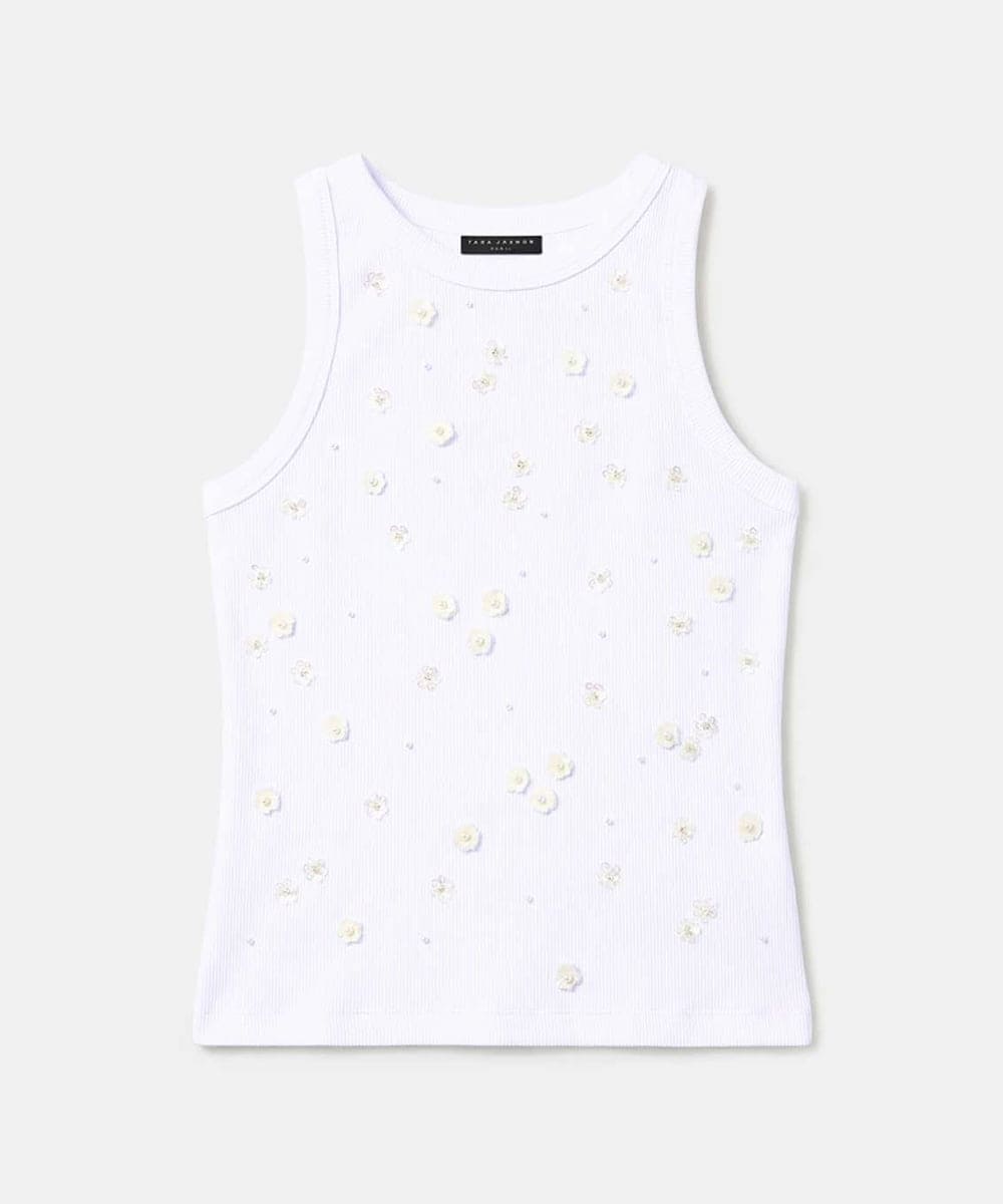 VZKGD11250 TARA JARMON(タラ ジャーモン) エンブロイダリーリブコットンカットソー ホワイト