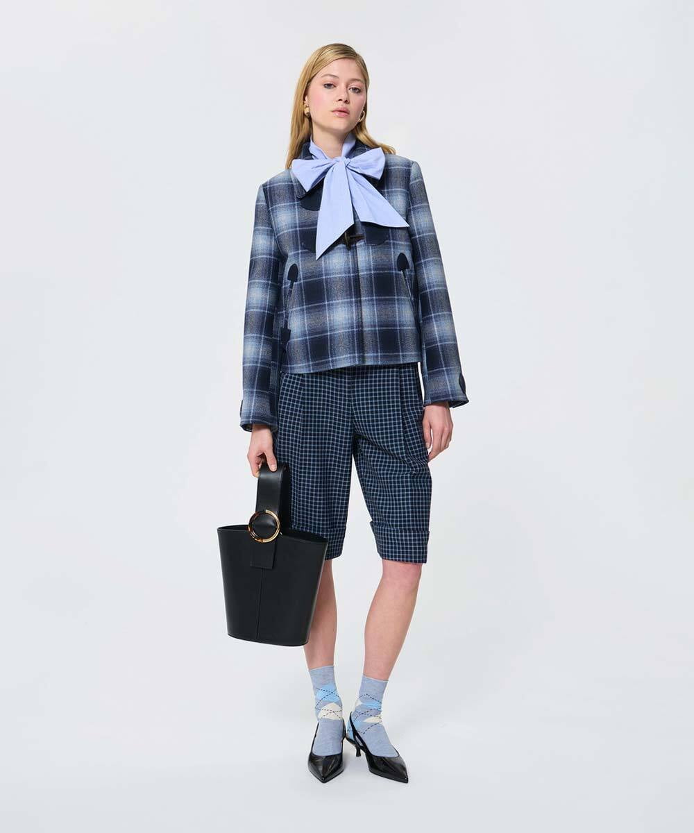 VZUAD02790 TARA JARMON(タラ ジャーモン) ファンシーチェックショートダッフルコート ネイビー