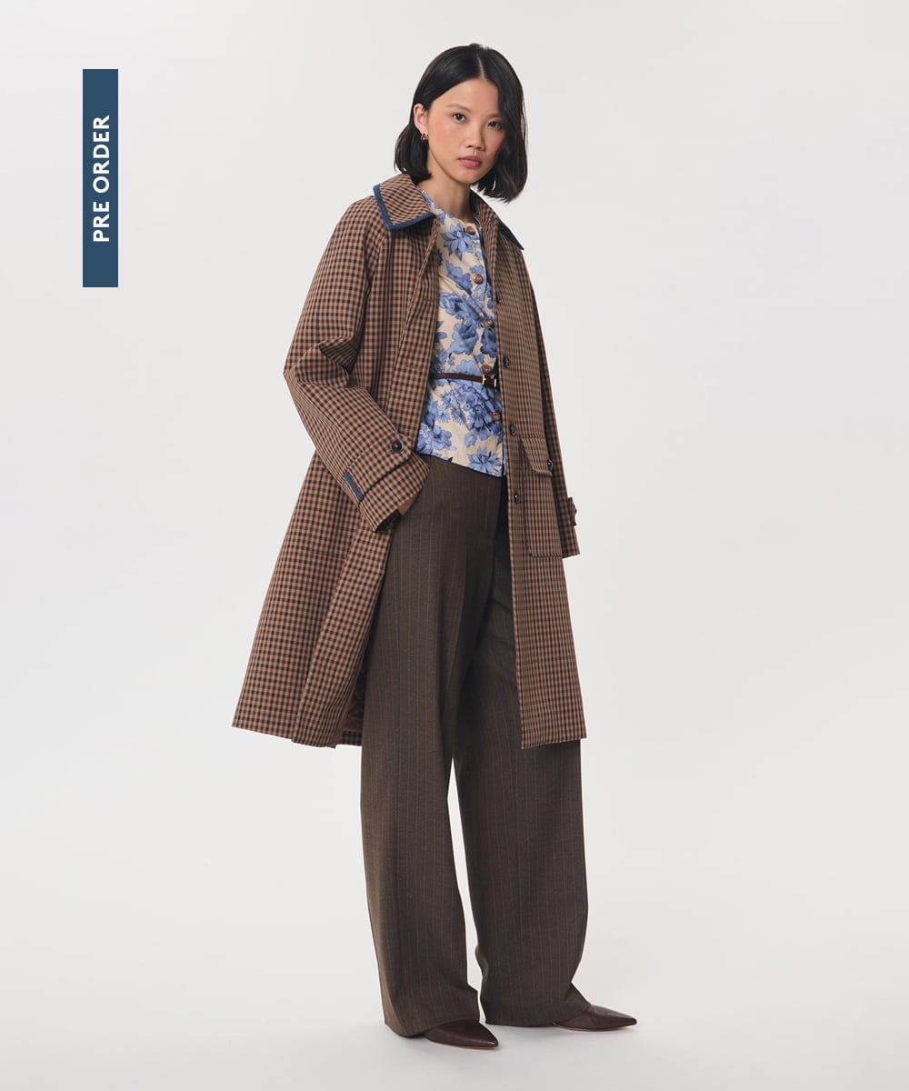 VZUAG02820 TARA JARMON(タラ ジャーモン) テンセルチェックステンカラーコート キャラメル