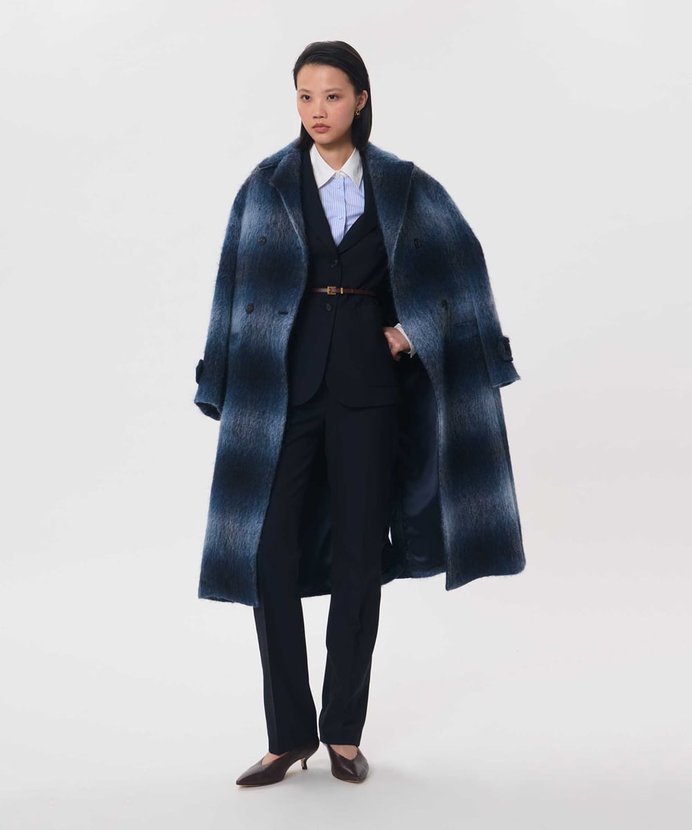 VZUAG12920 TARA JARMON(タラ ジャーモン) ファーリーチェックコート ネイビーブルー