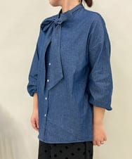 ZMBAE22130 al'aise modulation(アレーズモジュレーション) 【2WAY】ボウタイリボン付きコットンデニムシャツ ブルー