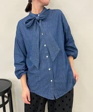 ZMBAE22130 al'aise modulation(アレーズモジュレーション) 【2WAY】ボウタイリボン付きコットンデニムシャツ ブルー