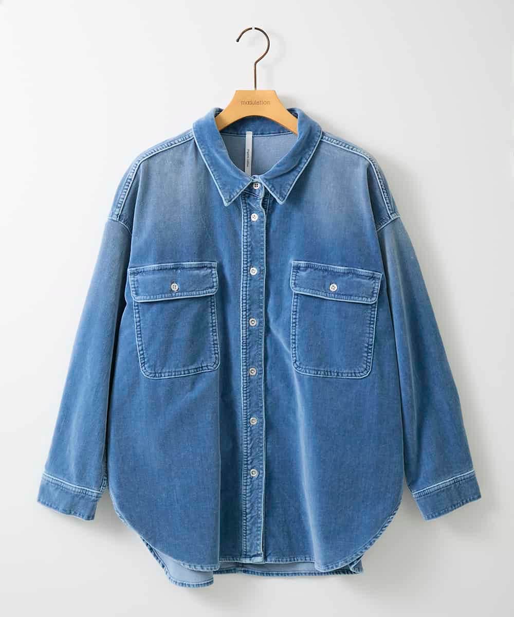 ZMBAE31190 al'aise modulation(アレーズモジュレーション) デニムカラーベロアデザインシャツ ライトブルー