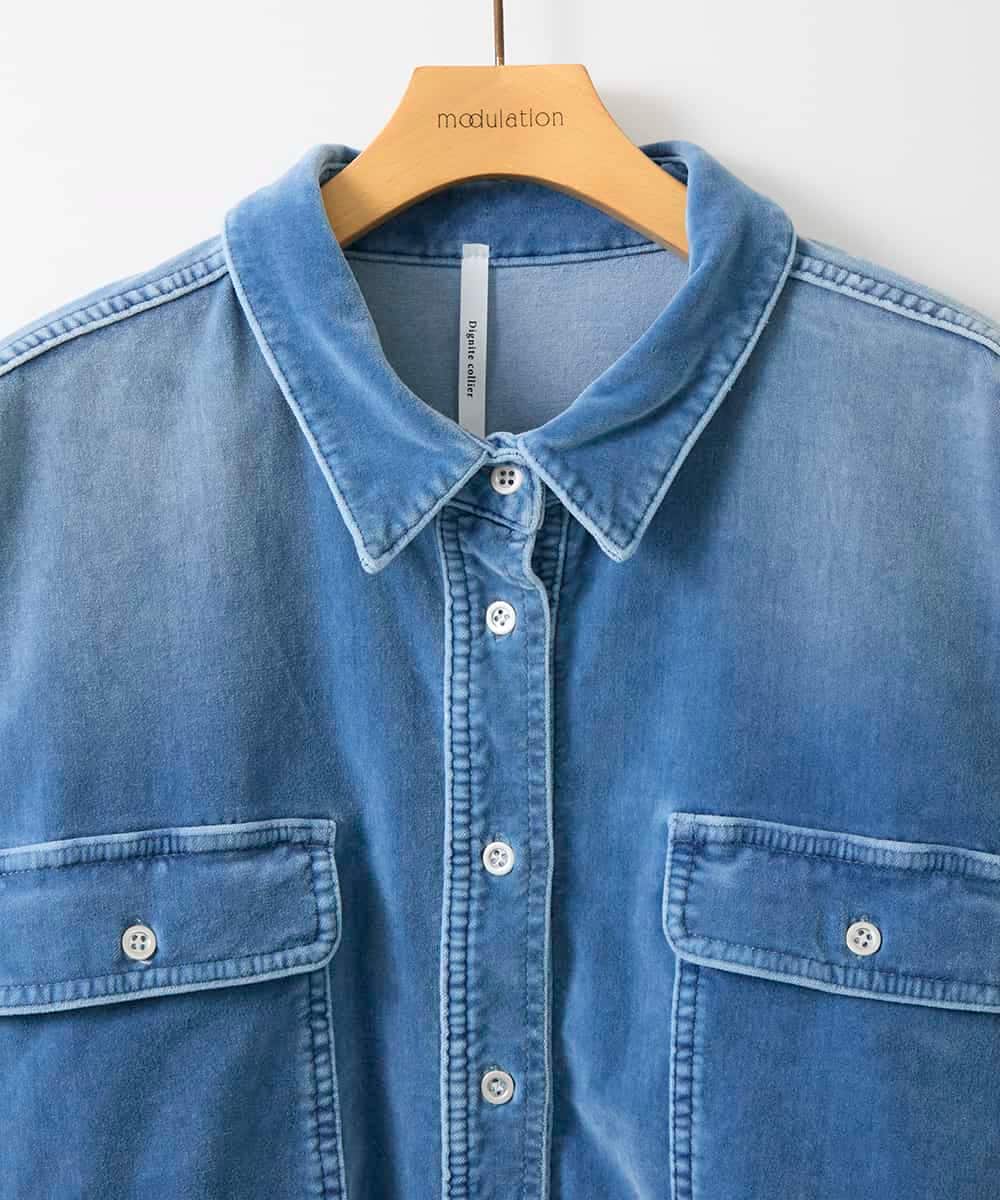 ZMBAE31190 al'aise modulation(アレーズモジュレーション) デニムカラーベロアデザインシャツ ライトブルー