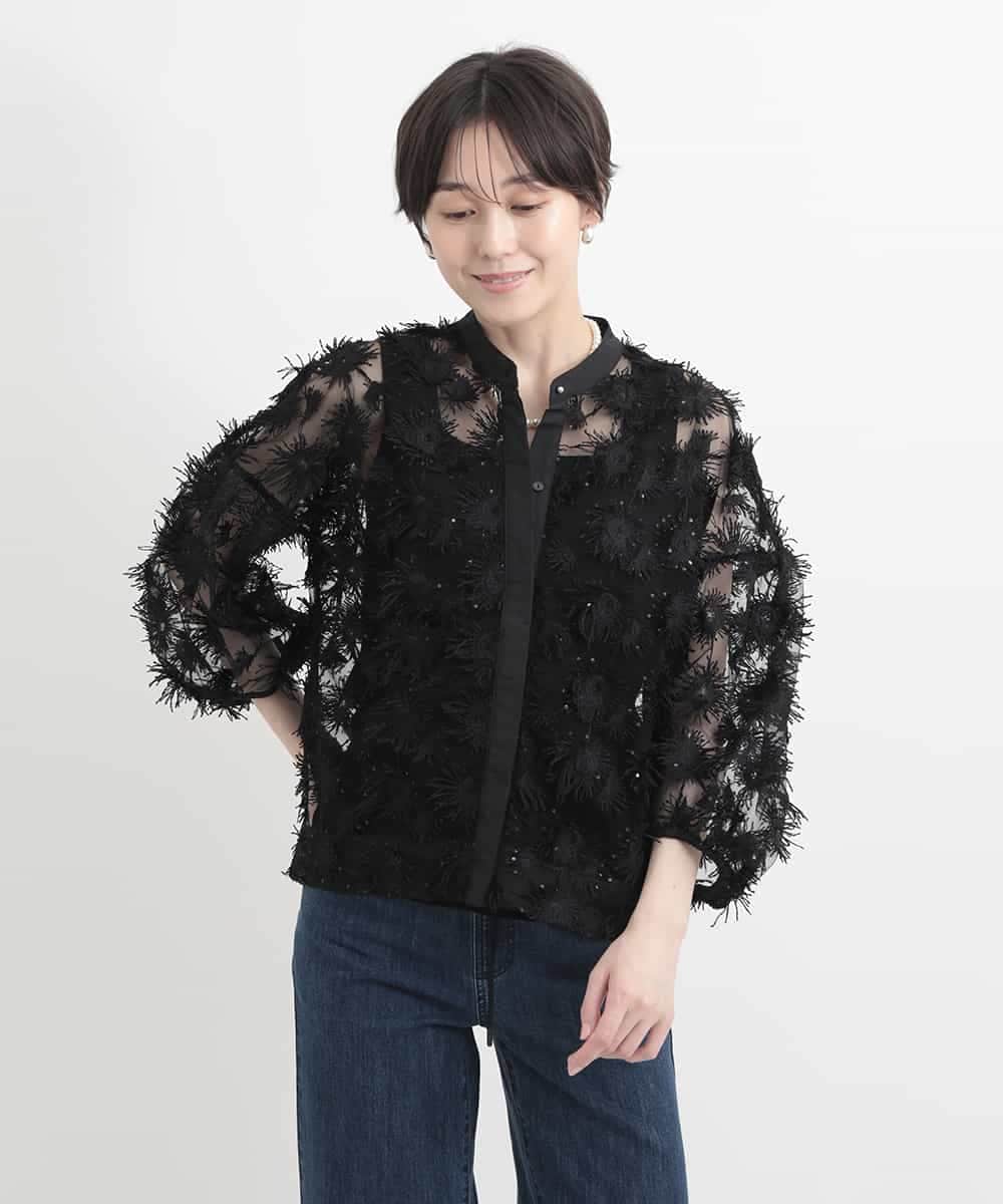 ZMBGB36170 al'aise modulation(アレーズモジュレーション) シャギーフリンジ刺繍シアーブラウス ブラック