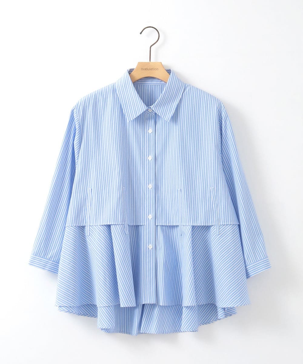 ZMBGE10129 al'aise modulation(アレーズモジュレーション) 【洗える】ティアードフレアブラウス ボーダー(ブルー)