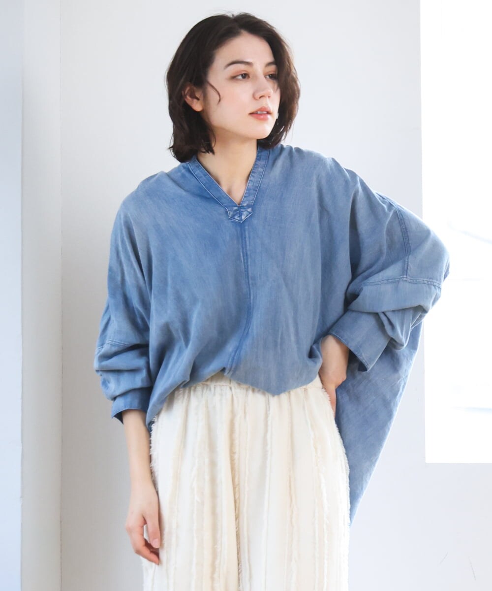 ZMBGE27138 al'aise modulation(アレーズモジュレーション) デニムライクスキッパーブラウス ブルー