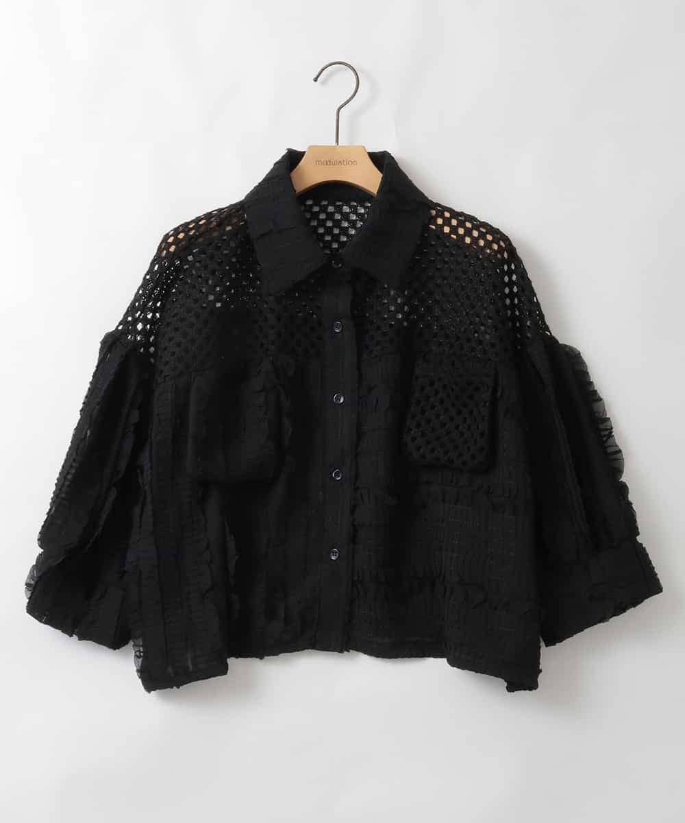 ZMBGE31130 al'aise modulation(アレーズモジュレーション) メッシュフリルコンビブラウス ブラック