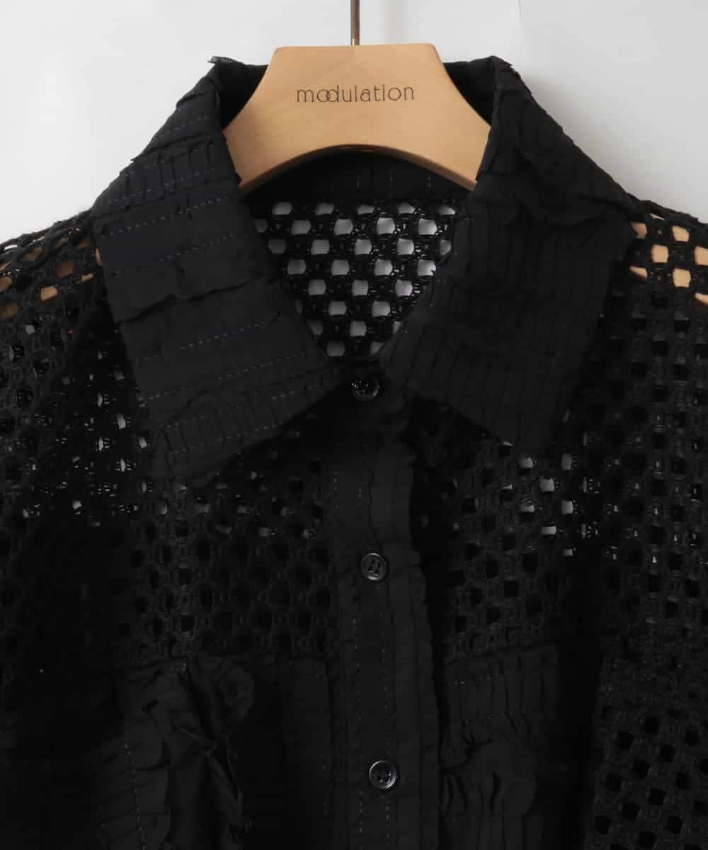 ZMBGE31130 al'aise modulation(アレーズモジュレーション) メッシュフリルコンビブラウス ブラック