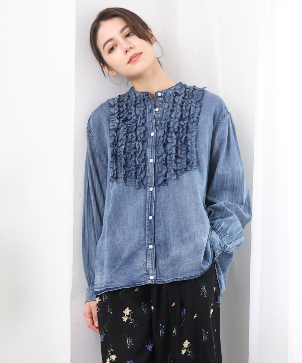 ZMBGE32168 al'aise modulation(アレーズモジュレーション) デニムライクフロントフリルブラウス ライトブルー