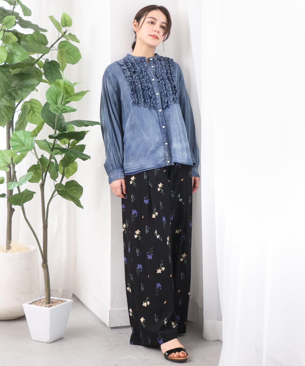 ZMBGE32168 al'aise modulation(アレーズモジュレーション) デニムライクフロントフリルブラウス ライトブルー