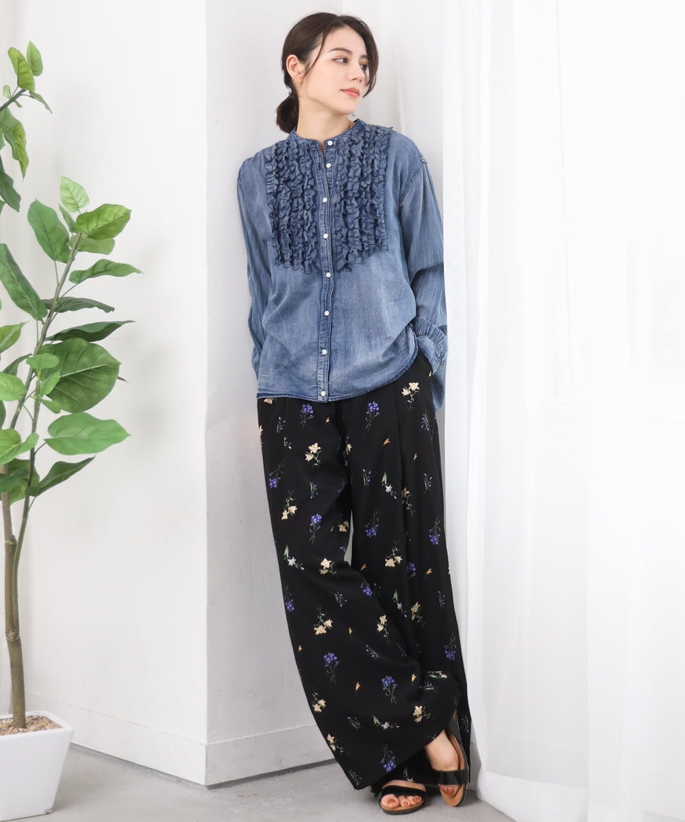 ZMBGE32168 al'aise modulation(アレーズモジュレーション) デニムライクフロントフリルブラウス ライトブルー