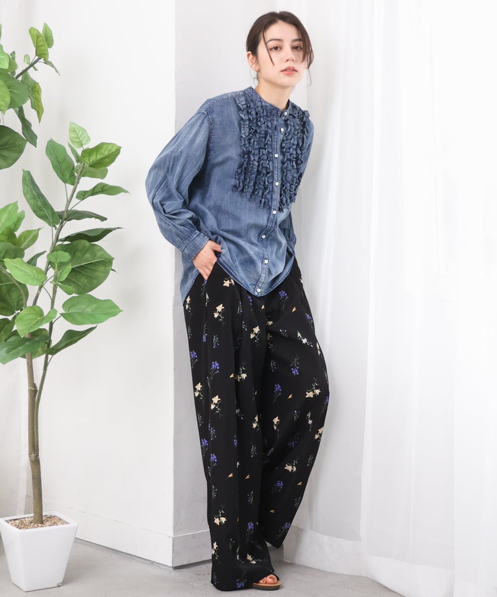 ZMBGE32168 al'aise modulation(アレーズモジュレーション) デニムライクフロントフリルブラウス ライトブルー