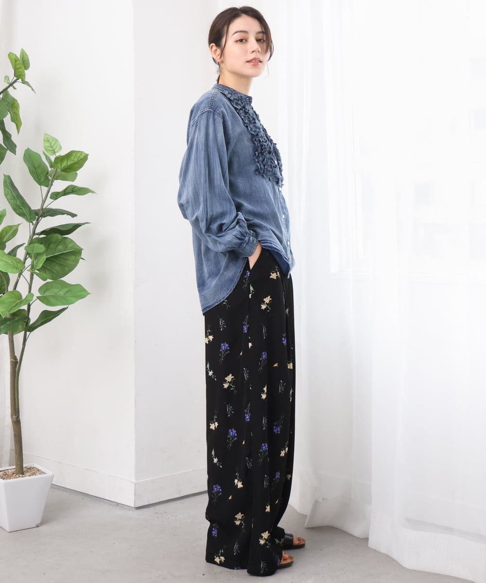 ZMBGE32168 al'aise modulation(アレーズモジュレーション) デニムライクフロントフリルブラウス ライトブルー