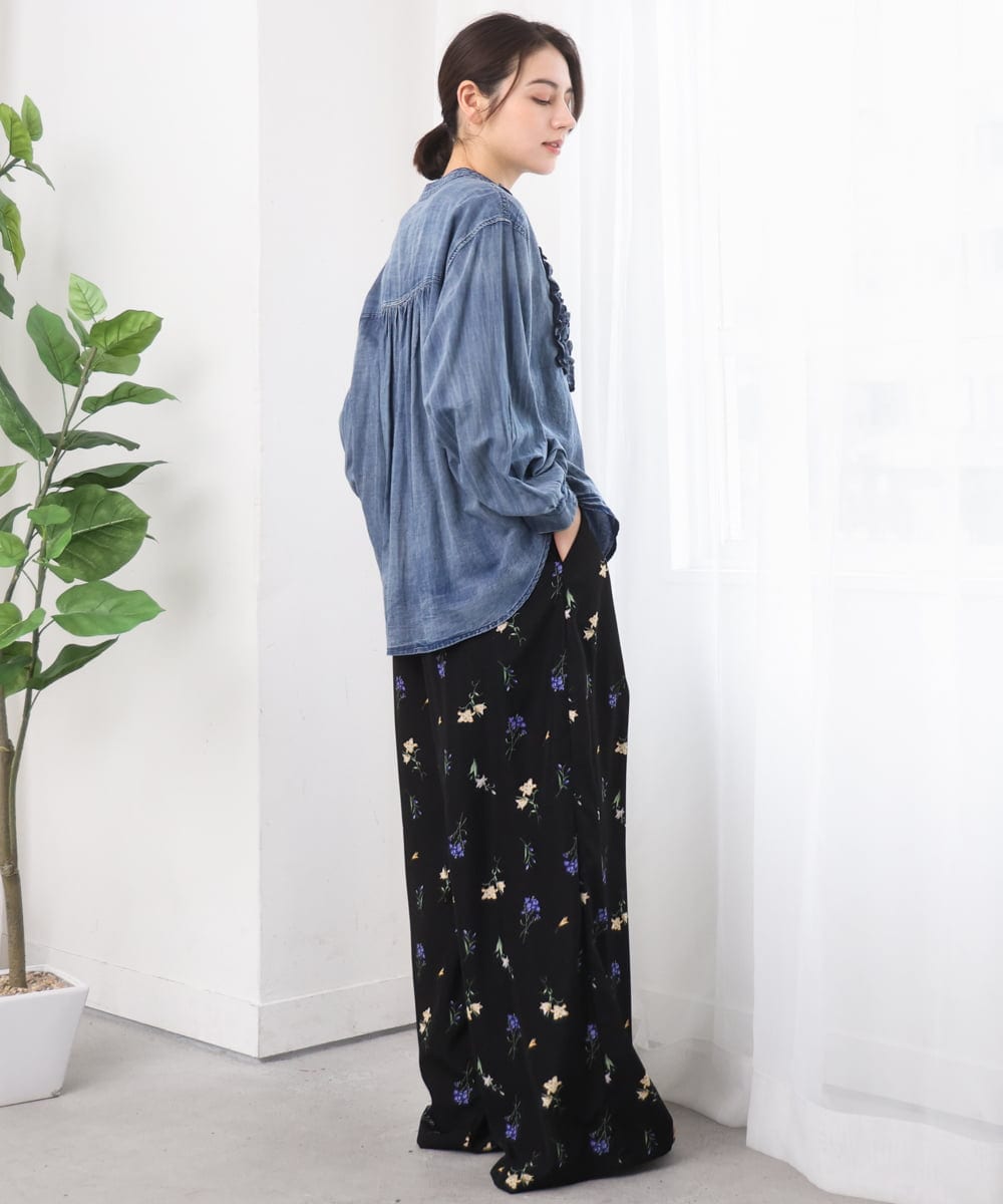 ZMBGE32168 al'aise modulation(アレーズモジュレーション) デニムライクフロントフリルブラウス ライトブルー