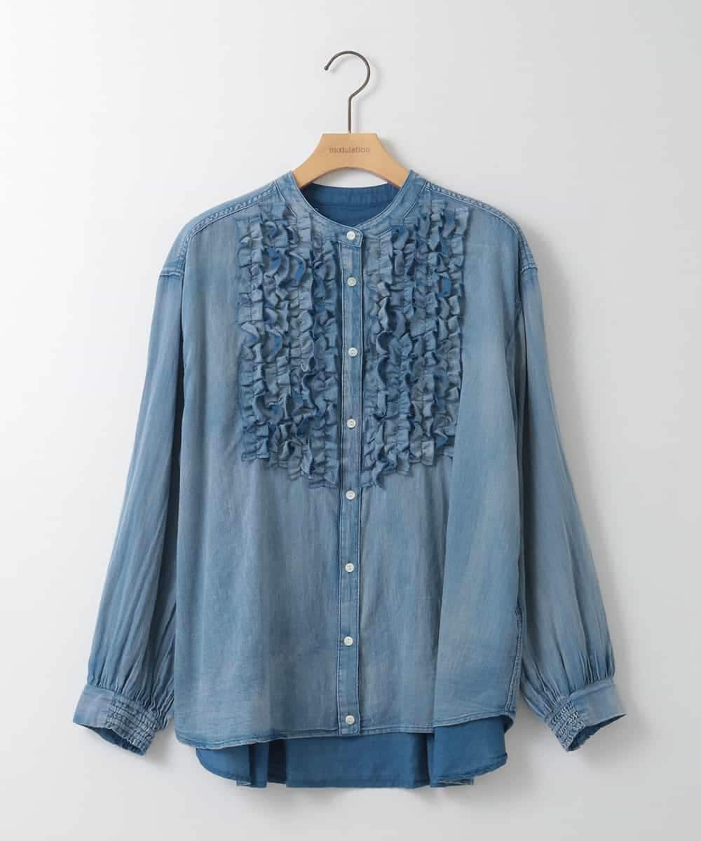 ZMBGE32168 al'aise modulation(アレーズモジュレーション) デニムライクフロントフリルブラウス ライトブルー