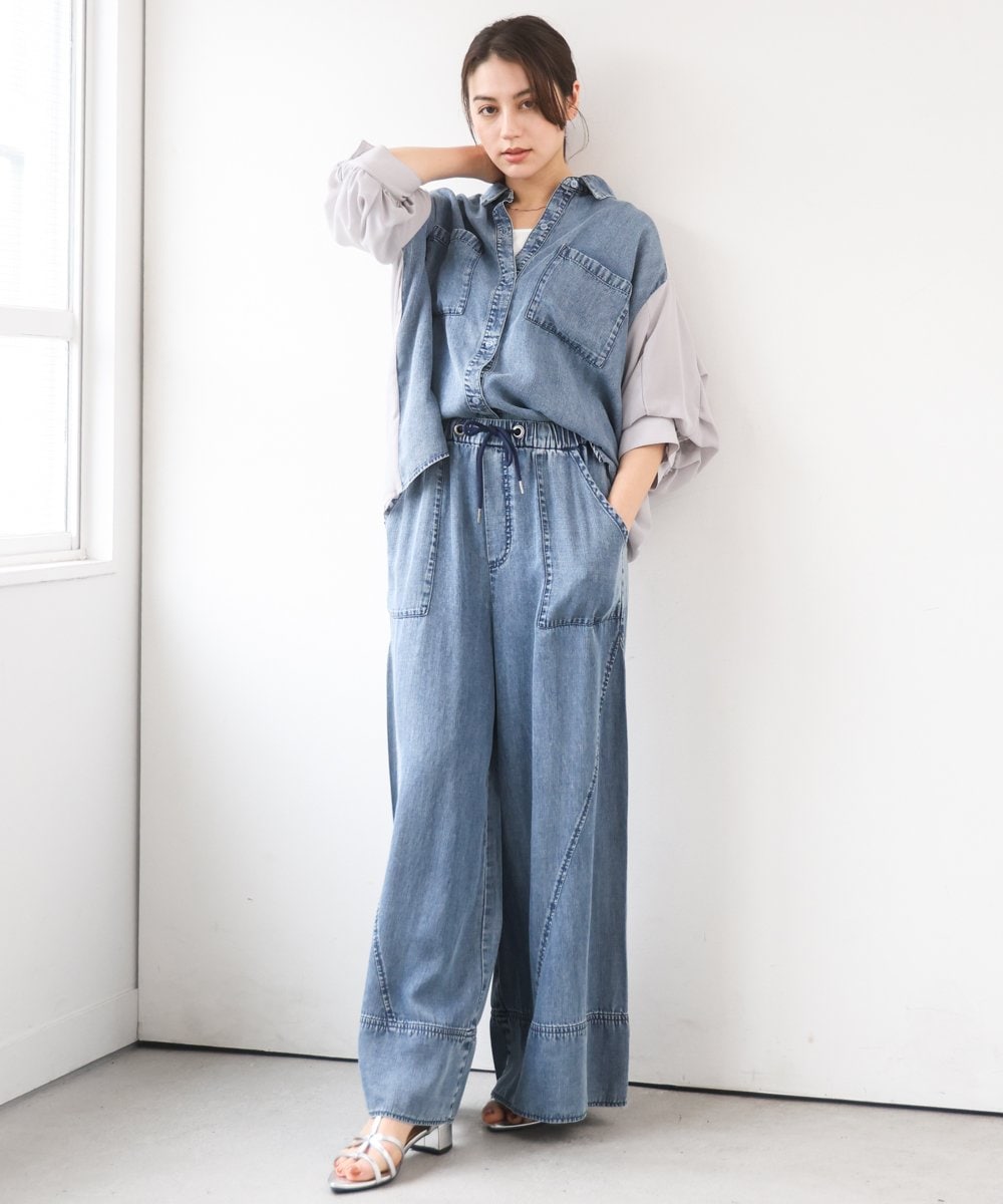 ZMBGE43138 al'aise modulation(アレーズモジュレーション) 【セットアップ対応】ダブルポケット異素材切り替えデザインブラウス ブルー