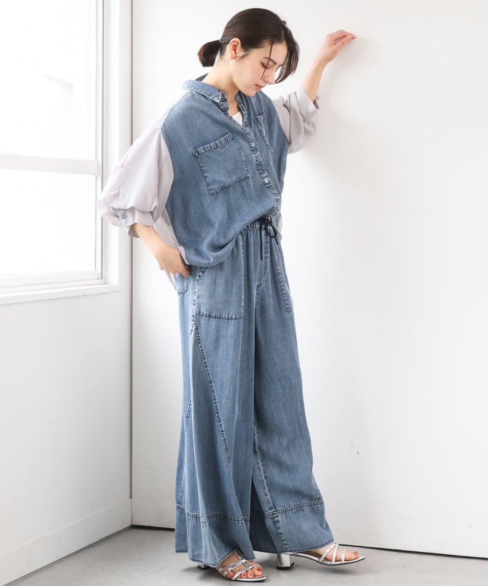 ZMBGE43138 al'aise modulation(アレーズモジュレーション) 【セットアップ対応】ダブルポケット異素材切り替えデザインブラウス ブルー