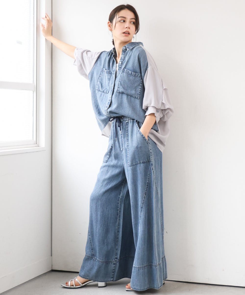 ZMBGE43138 al'aise modulation(アレーズモジュレーション) 【セットアップ対応】ダブルポケット異素材切り替えデザインブラウス ブルー