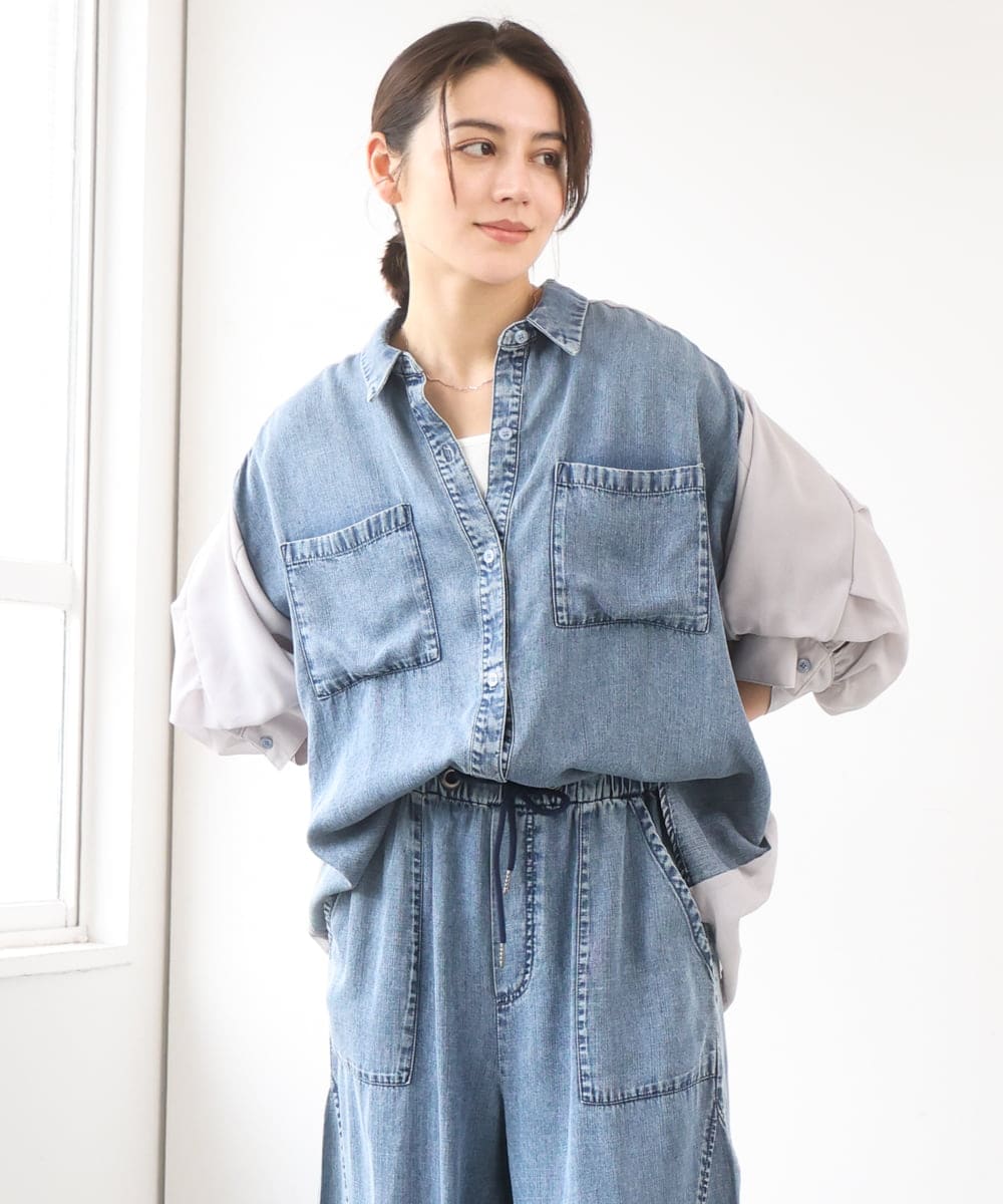 ZMBGE43138 al'aise modulation(アレーズモジュレーション) 【セットアップ対応】ダブルポケット異素材切り替えデザインブラウス ブルー