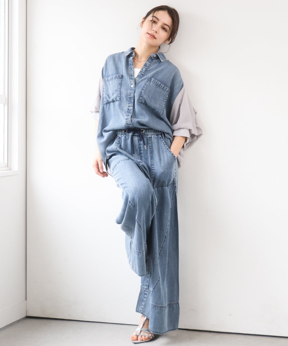 ZMBGE43138 al'aise modulation(アレーズモジュレーション) 【セットアップ対応】ダブルポケット異素材切り替えデザインブラウス ブルー