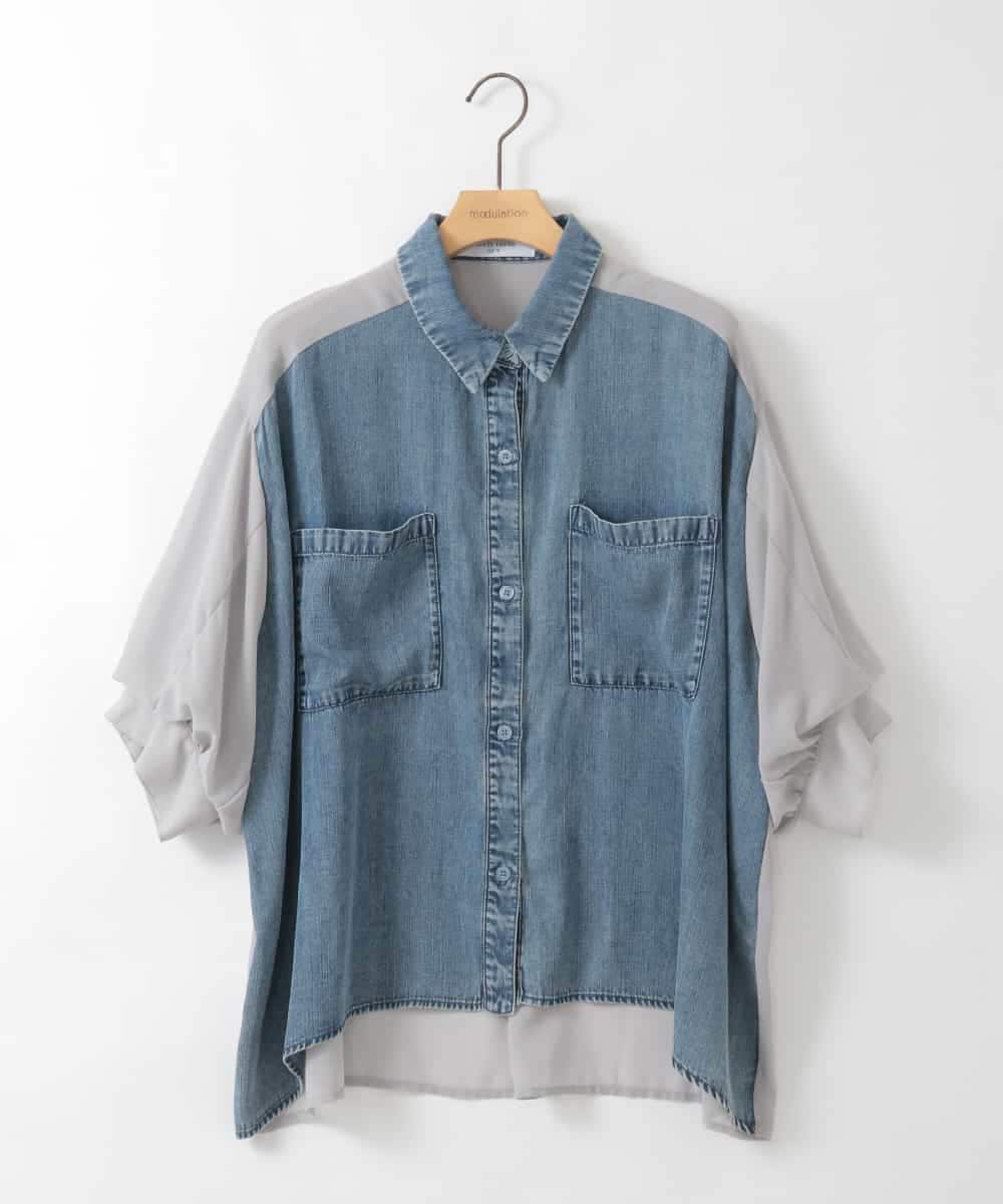 ZMBGE43138 al'aise modulation(アレーズモジュレーション) 【セットアップ対応】ダブルポケット異素材切り替えデザインブラウス ブルー