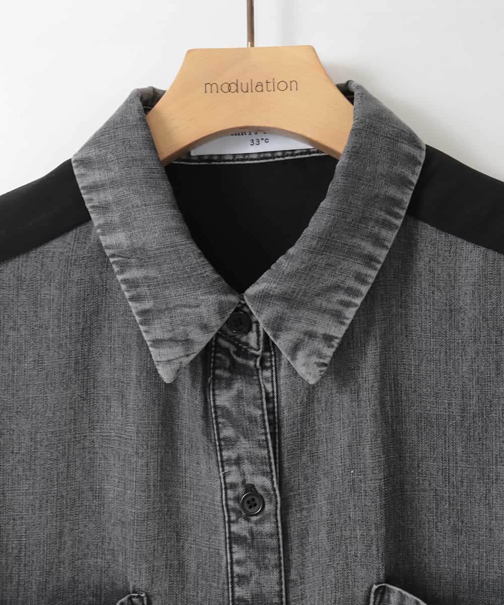 ZMBGE43138 al'aise modulation(アレーズモジュレーション) 【セットアップ対応】ダブルポケット異素材切り替えデザインブラウス ブラック