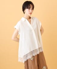 ZMBIE02090 al'aise modulation(アレーズモジュレーション) 【洗える】レースヘムスキッパーブラウス ホワイト