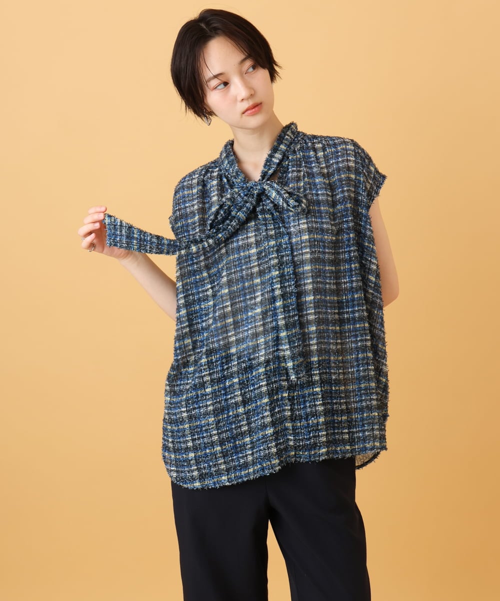 ZMBJE03085 al'aise modulation 【洗える】フリンジツイードチェック柄ボウタイブラウス