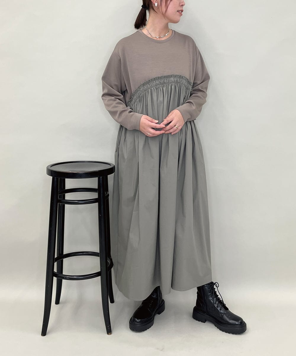 ZMEAE22140 al'aise modulation(アレーズモジュレーション) 異素材切り替えギャザーポイントワンピース カーキ