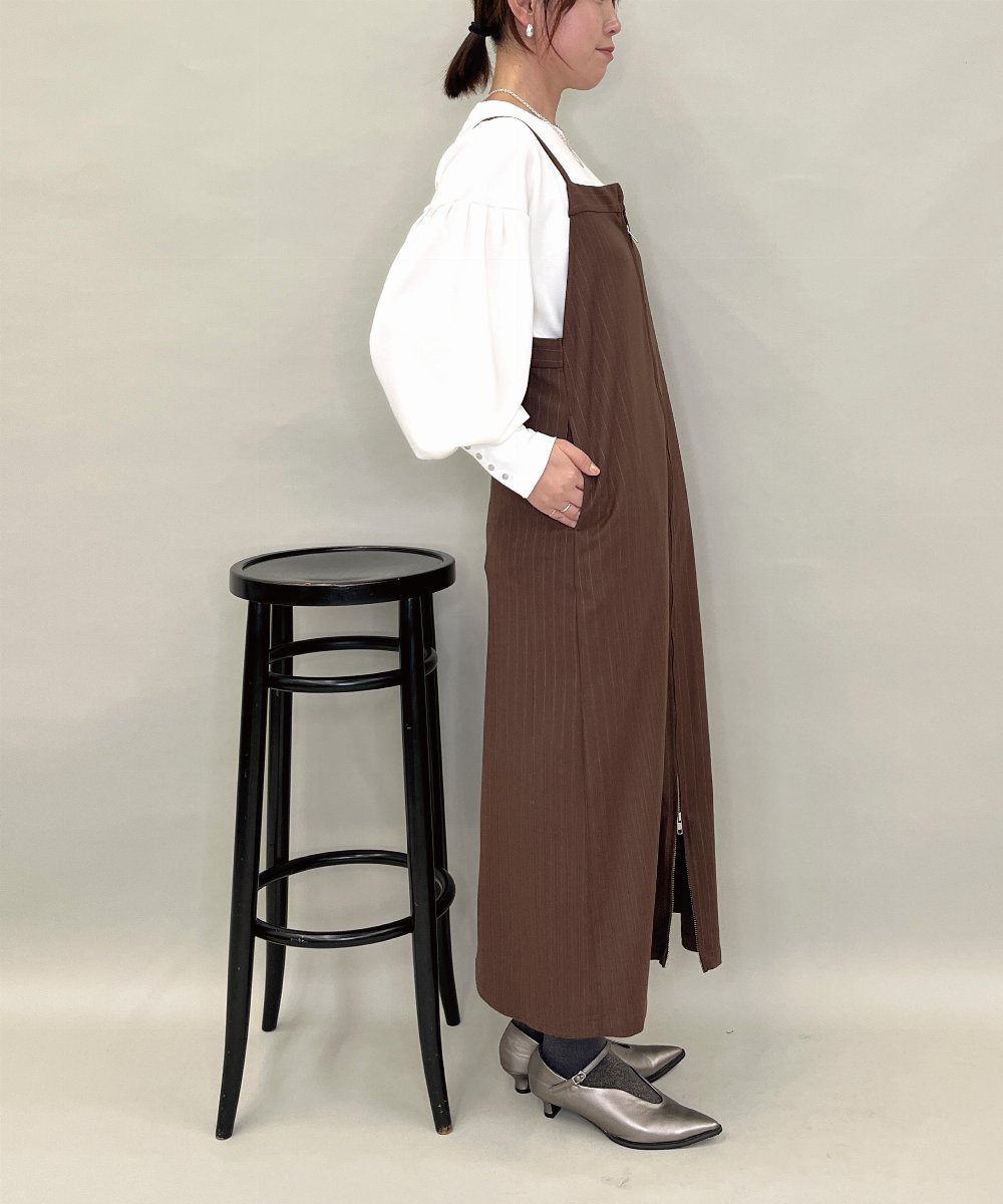 ZMEAE30190 al'aise modulation(アレーズモジュレーション) ピンストライプIラインジャンパースカート ブラウン