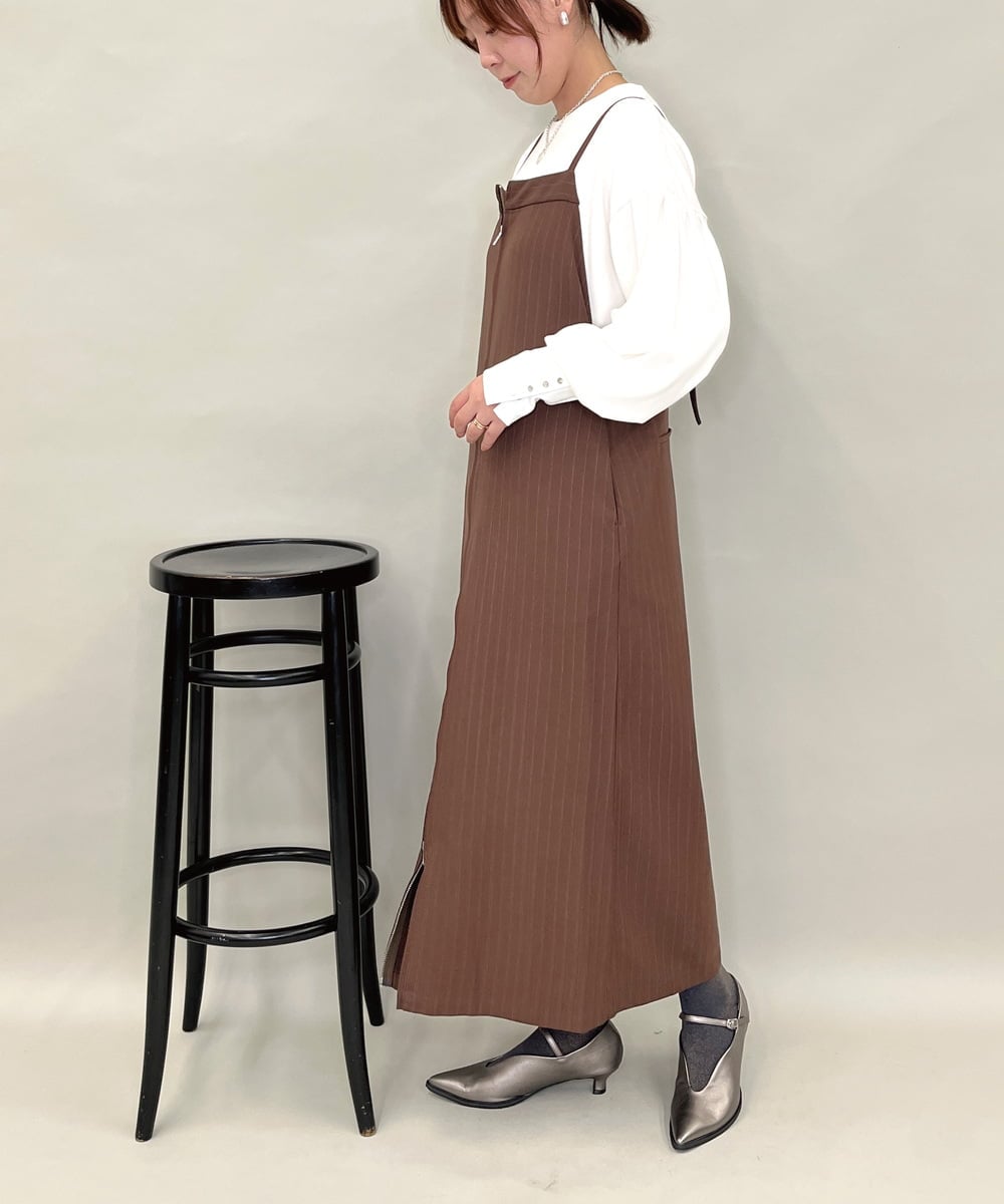ZMEAE30190 al'aise modulation(アレーズモジュレーション) ピンストライプIラインジャンパースカート ブラウン