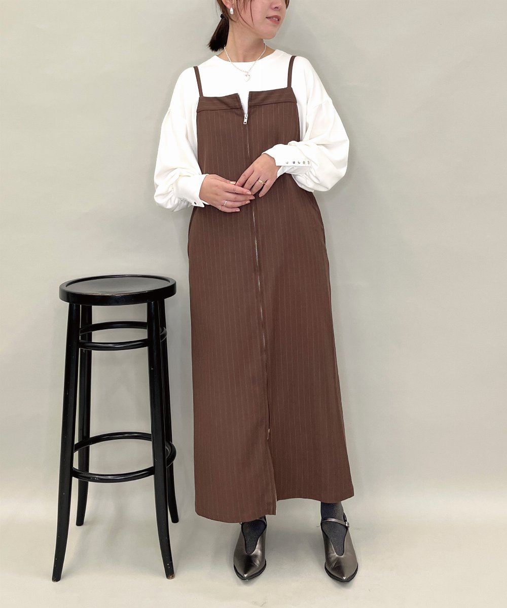 ZMEAE30190 al'aise modulation(アレーズモジュレーション) ピンストライプIラインジャンパースカート ブラウン