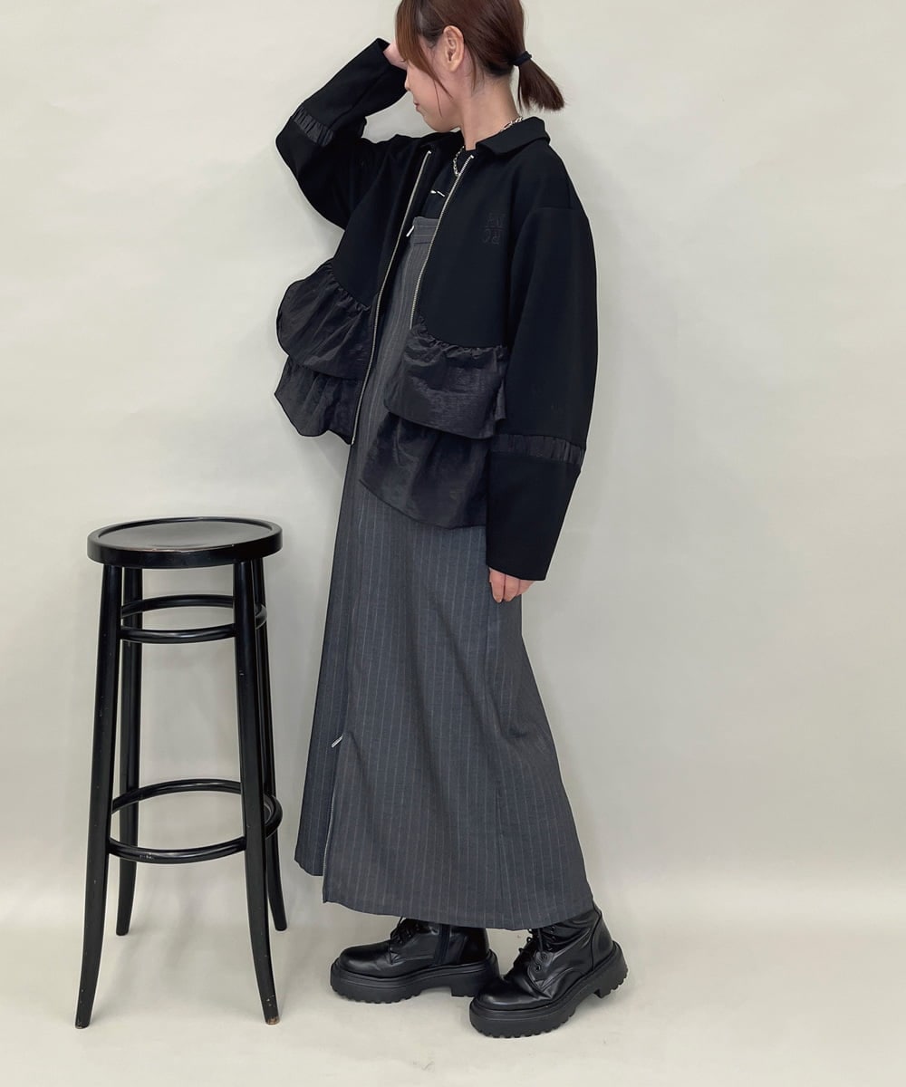 ZMEAE30190 al'aise modulation(アレーズモジュレーション) ピンストライプIラインジャンパースカート ダークグレー