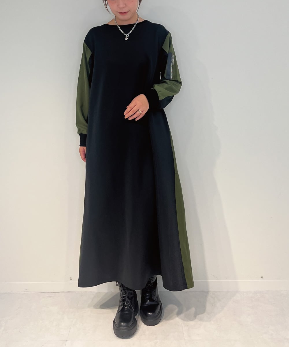 ZMEAE36170 al'aise modulation(アレーズモジュレーション) 異素材ドッキングジャージーワンピース カーキ