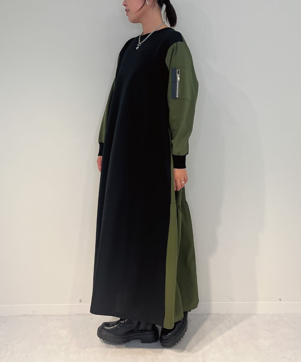 ZMEAE36170 al'aise modulation(アレーズモジュレーション) 異素材ドッキングジャージーワンピース カーキ