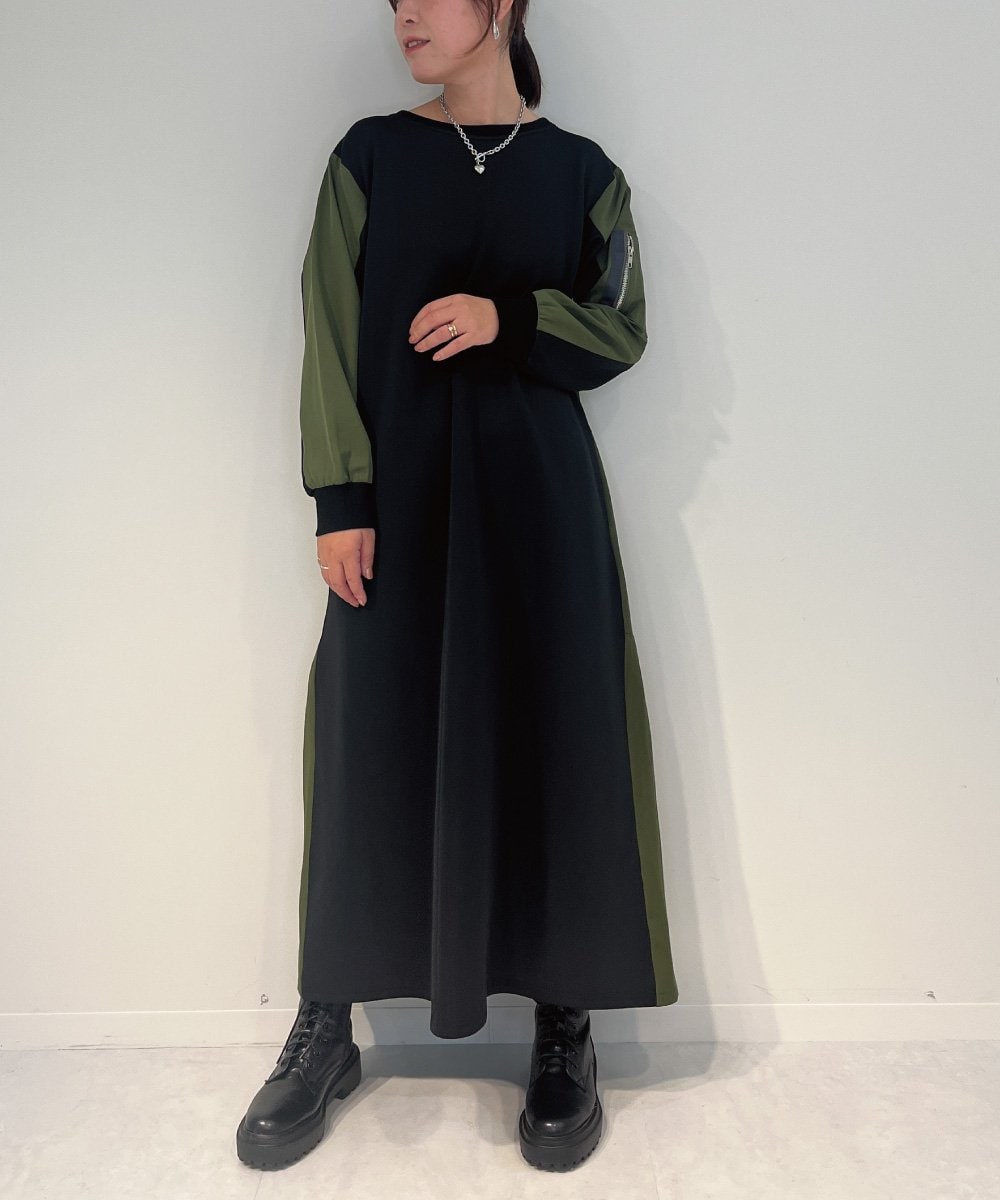 ZMEAE36170 al'aise modulation(アレーズモジュレーション) 異素材ドッキングジャージーワンピース カーキ