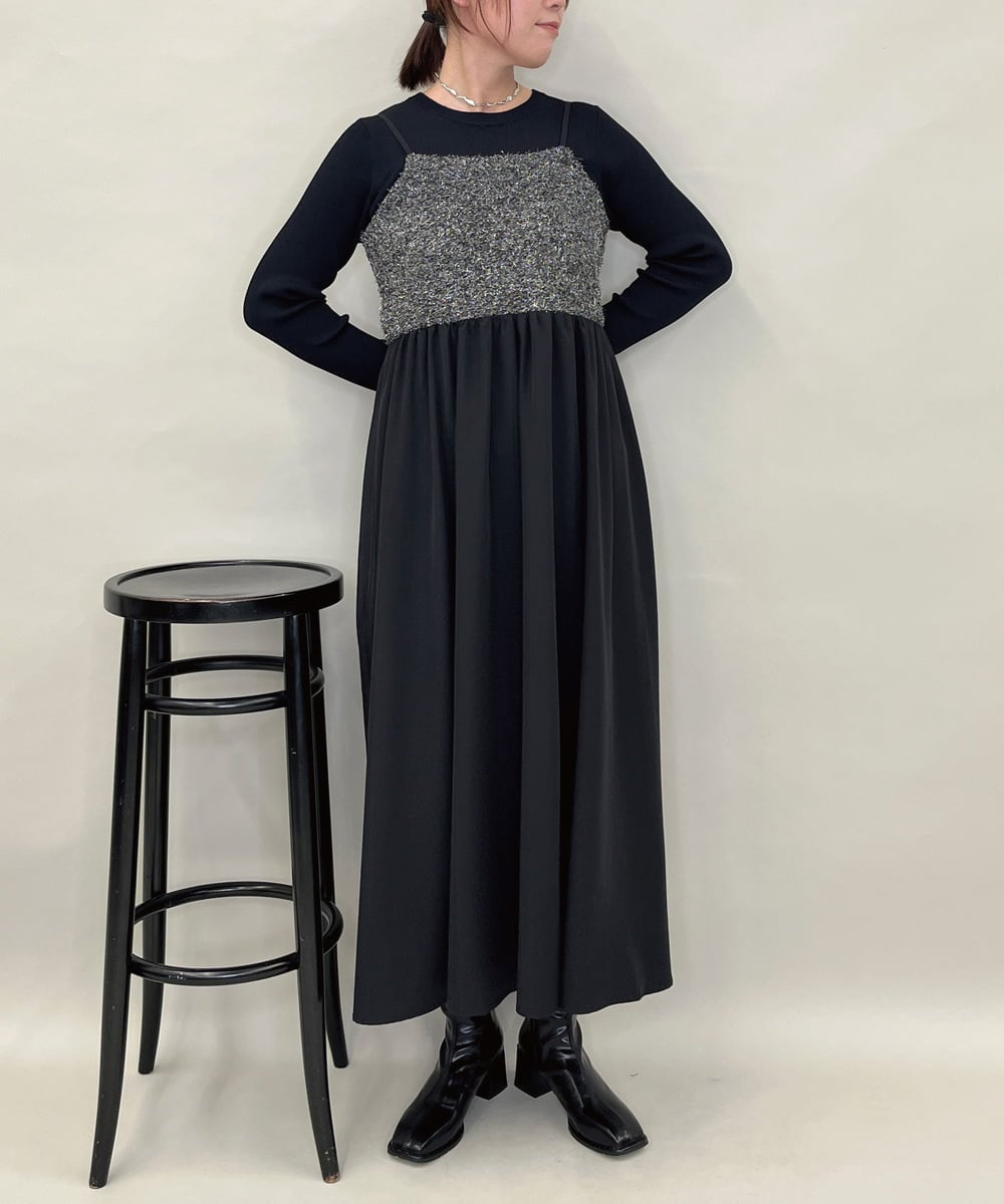 ZMEAE37128 al'aise modulation(アレーズモジュレーション) ラメシャギーニットドレスワンピース ブラック