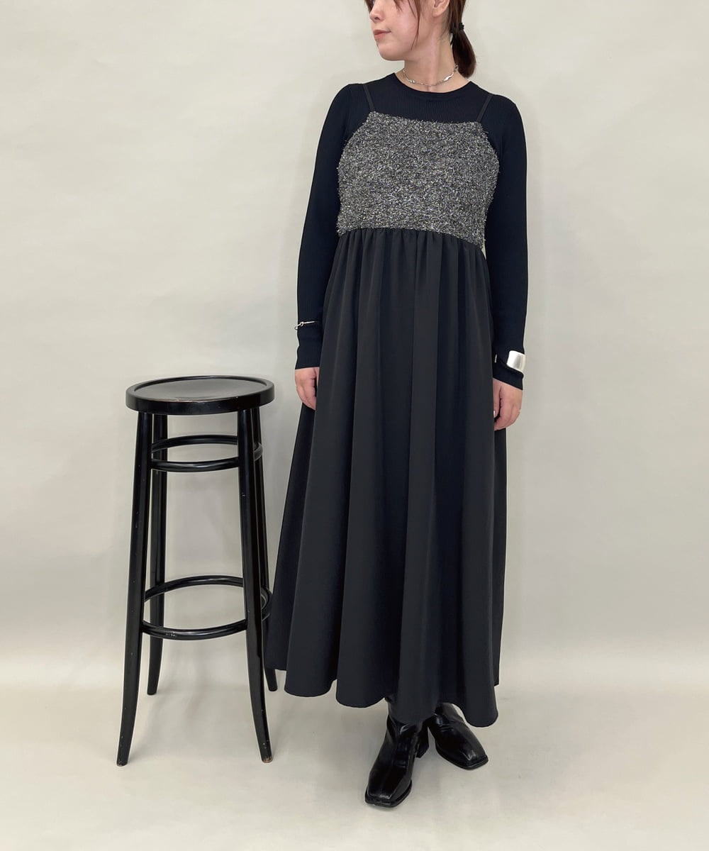 ZMEAE37128 al'aise modulation(アレーズモジュレーション) ラメシャギーニットドレスワンピース ブラック