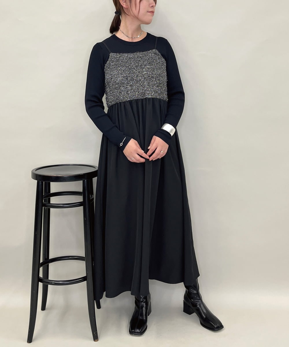 ZMEAE37128 al'aise modulation(アレーズモジュレーション) ラメシャギーニットドレスワンピース ブラック