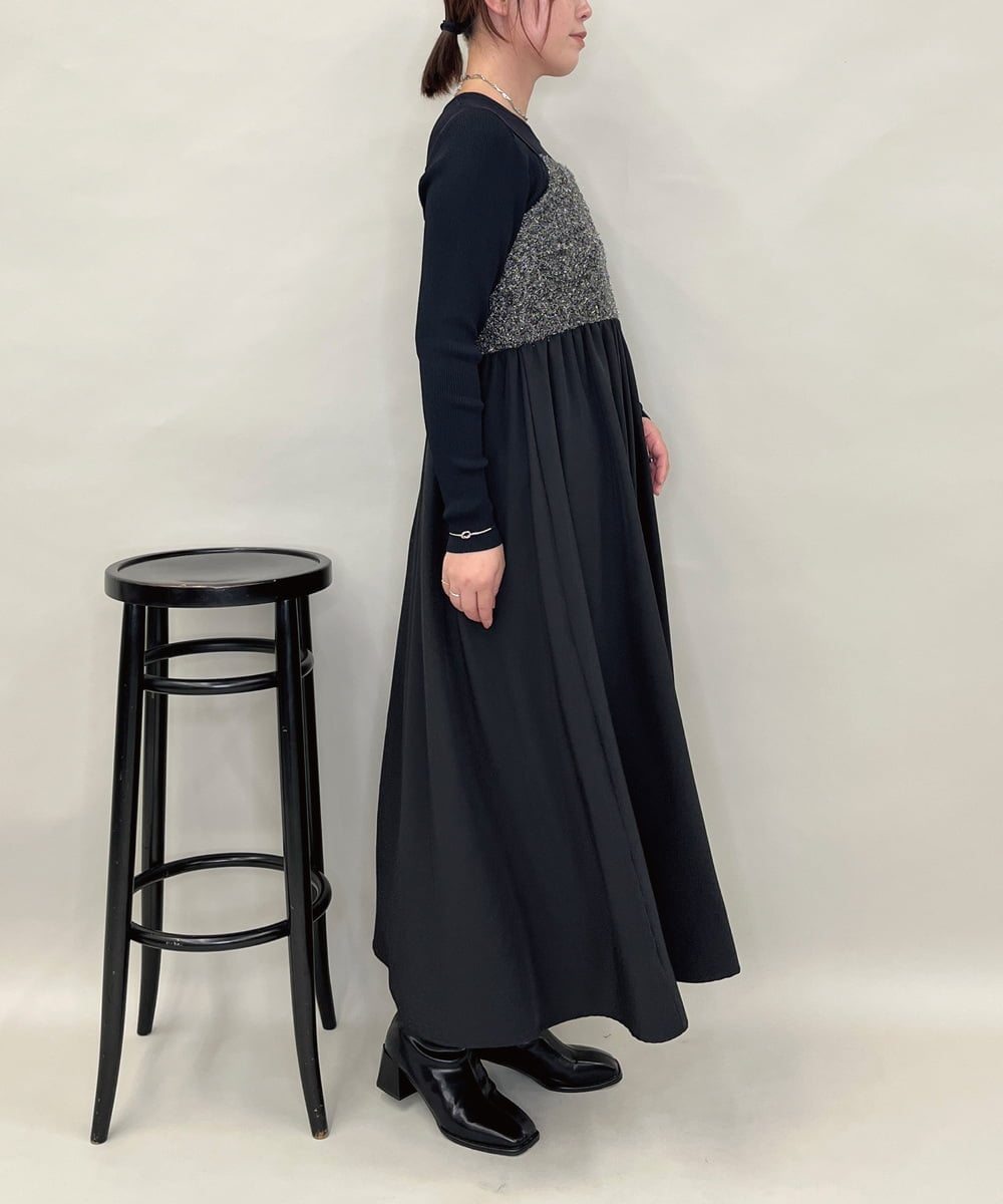 ZMEAE37128 al'aise modulation(アレーズモジュレーション) ラメシャギーニットドレスワンピース ブラック