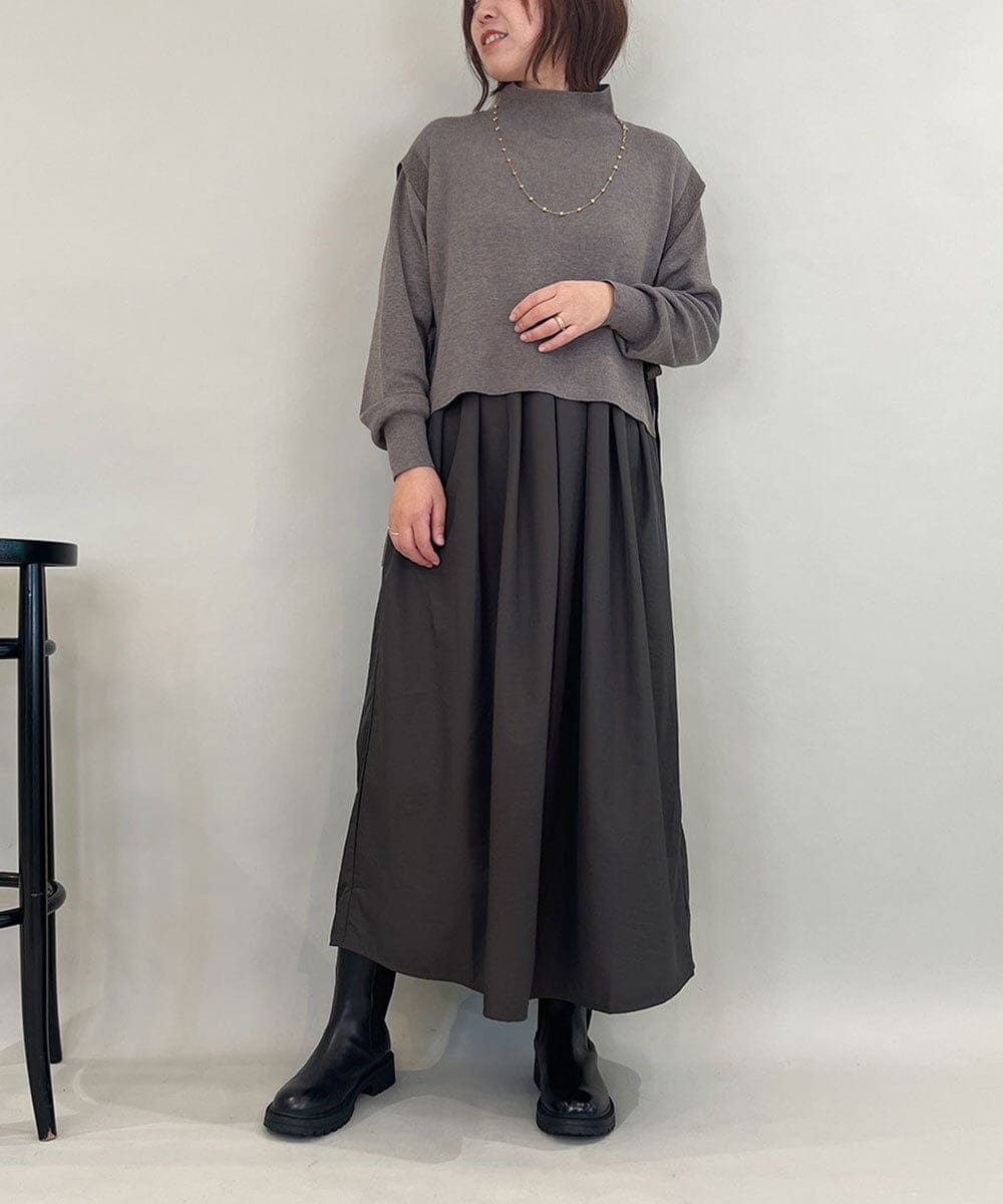 ZMECE02180 al'aise modulation(アレーズモジュレーション) 【セットアイテム】サイドリボンニットベスト×切り替えフレアワンピース ブラウン