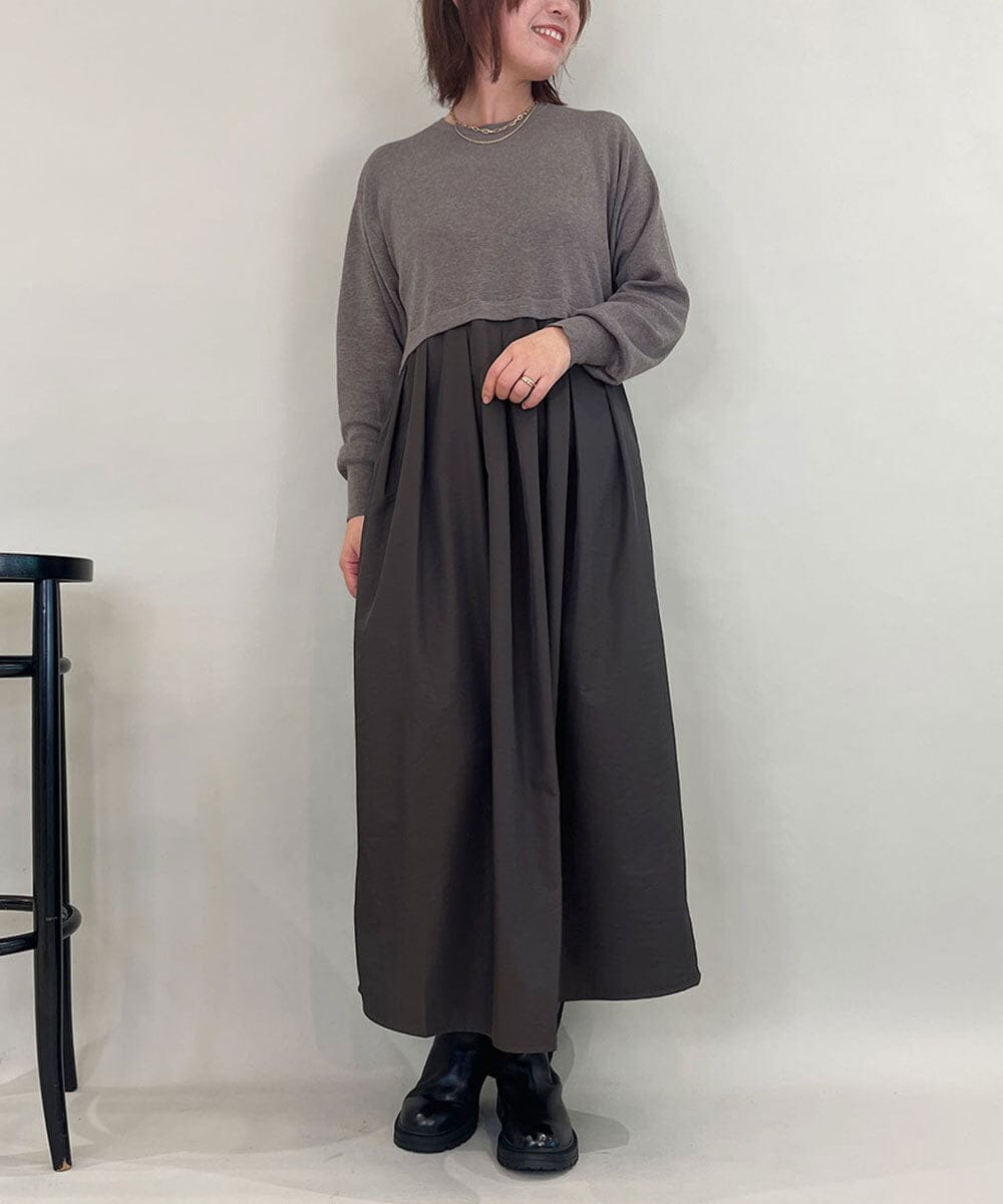 ZMECE02180 al'aise modulation(アレーズモジュレーション) 【セットアイテム】サイドリボンニットベスト×切り替えフレアワンピース ブラウン