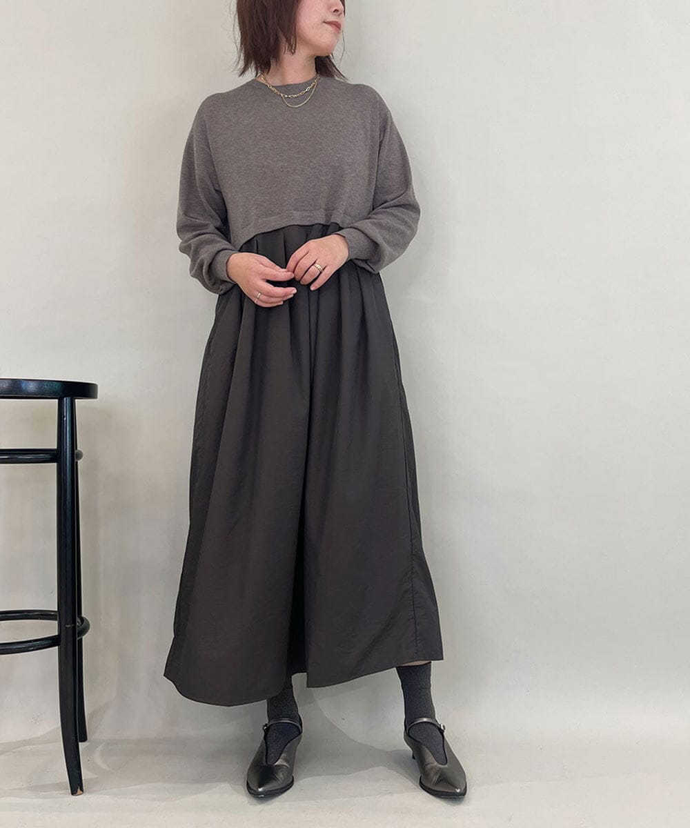 ZMECE02180 al'aise modulation(アレーズモジュレーション) 【セットアイテム】サイドリボンニットベスト×切り替えフレアワンピース ブラウン